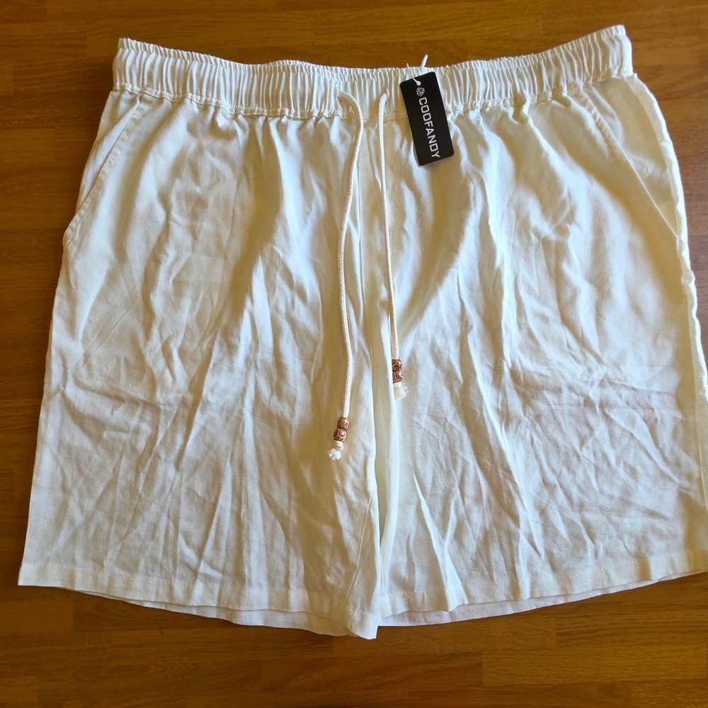COOFANDY Men's Cream Linen Blend Drawstring Shorts Off-White Casual Summer Sz XL